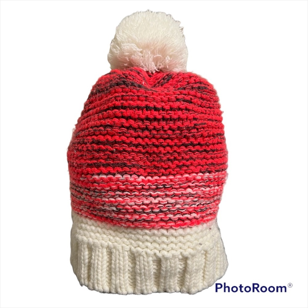 Thinsulate fleece lined winter hat with red/pink striped with white pompom